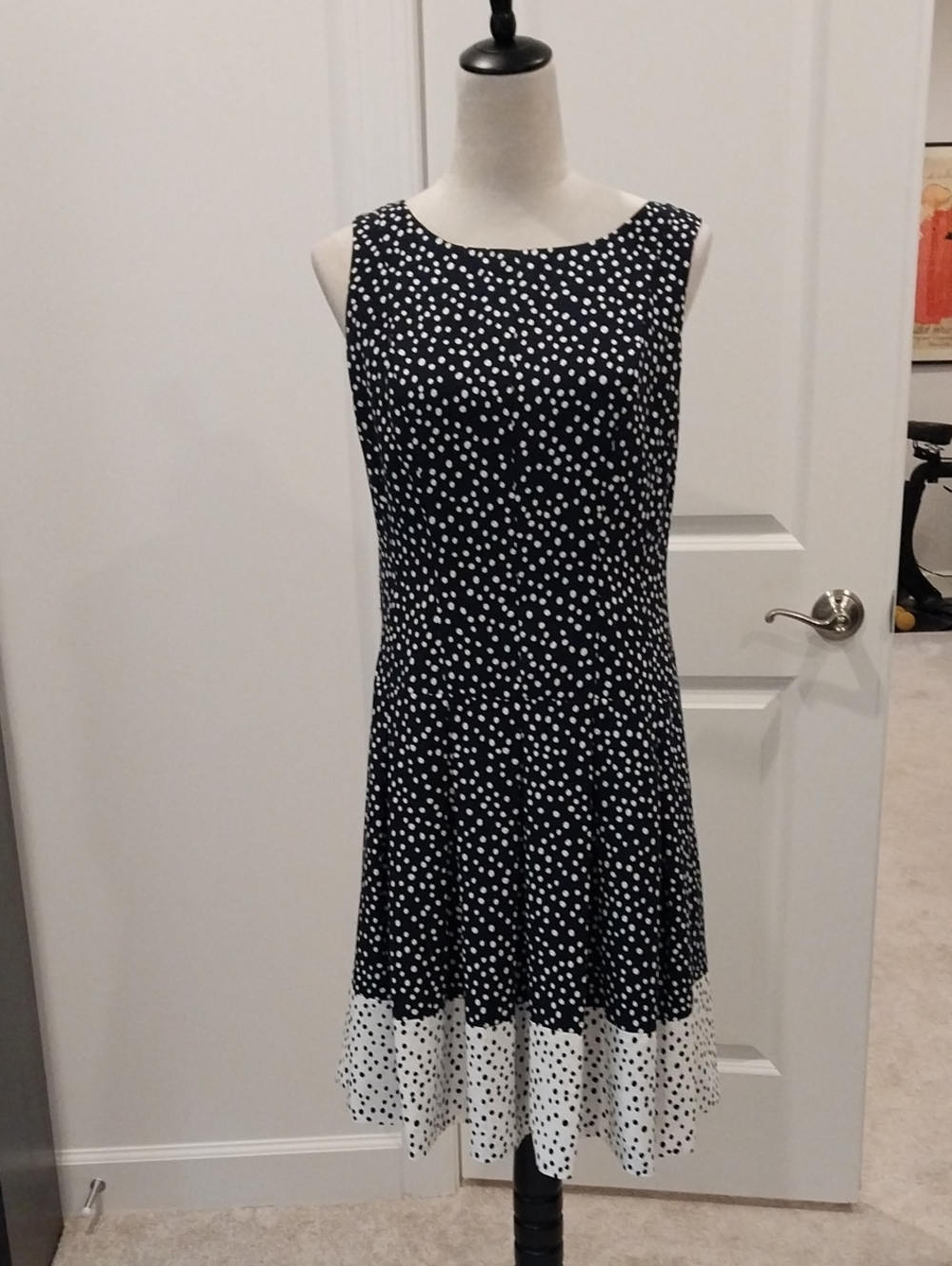 Ralph Lauren Navy and White Polka Dot Sleeveless Midi Dress with Contrast Hem
